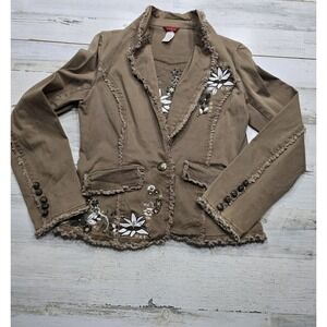 Ceres Womens Brown Floral Embroidered Fringe Blazer Jacket Size L Studded Boho